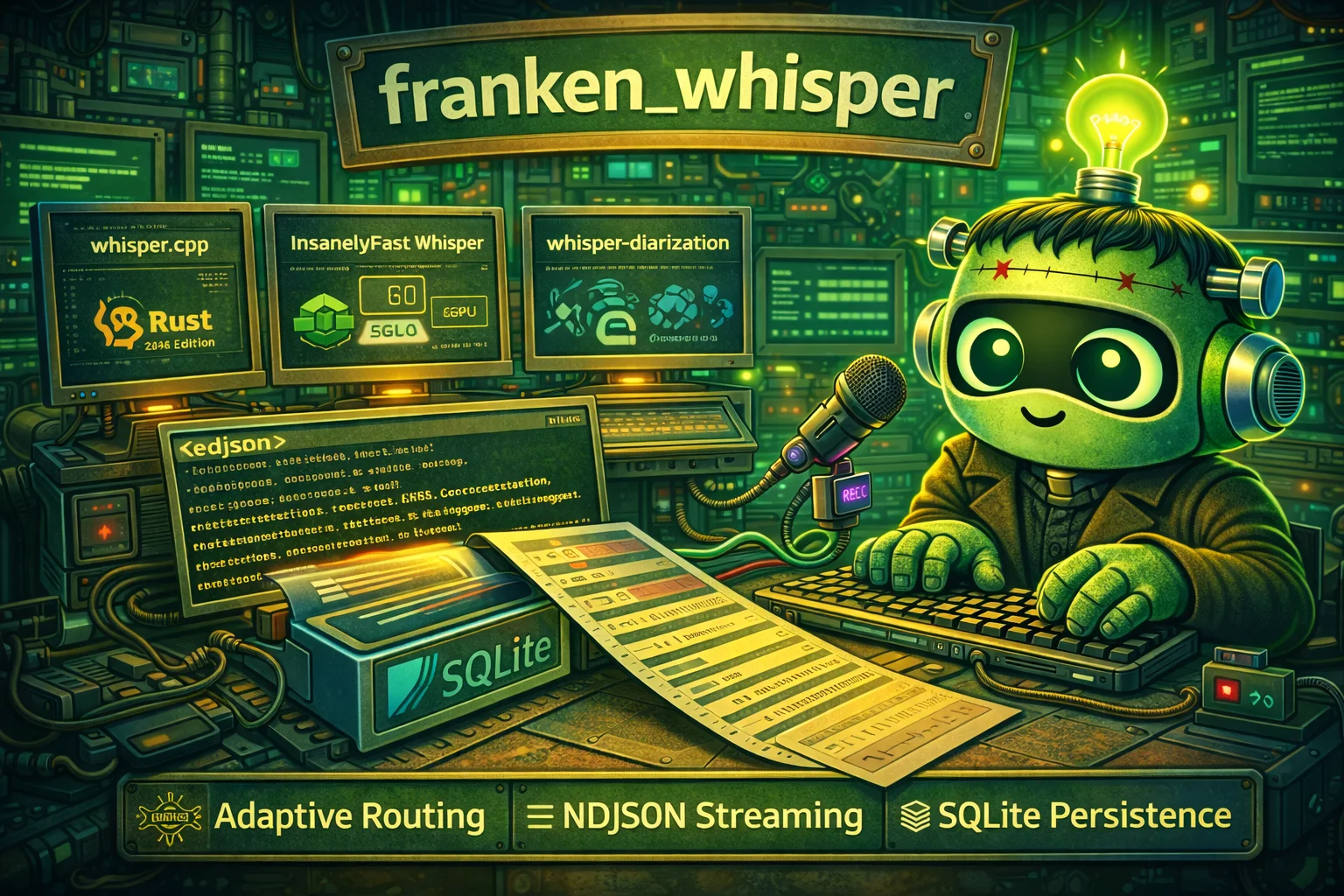 The franken_whisper monster listening with a stitched ear horn, sorting voices into labeled threads